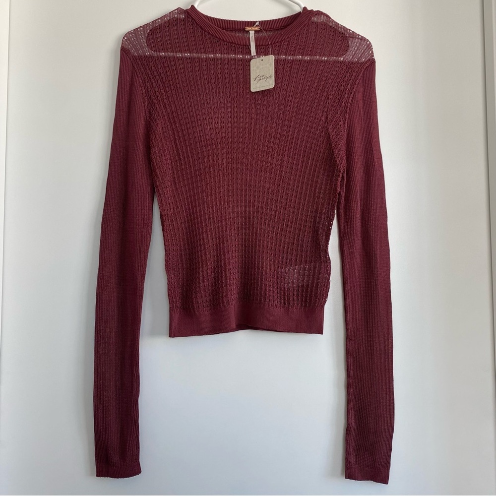 Free People H2O Sheer Pullover Crew Raw Garnet Top S - Picture 2 of 6
